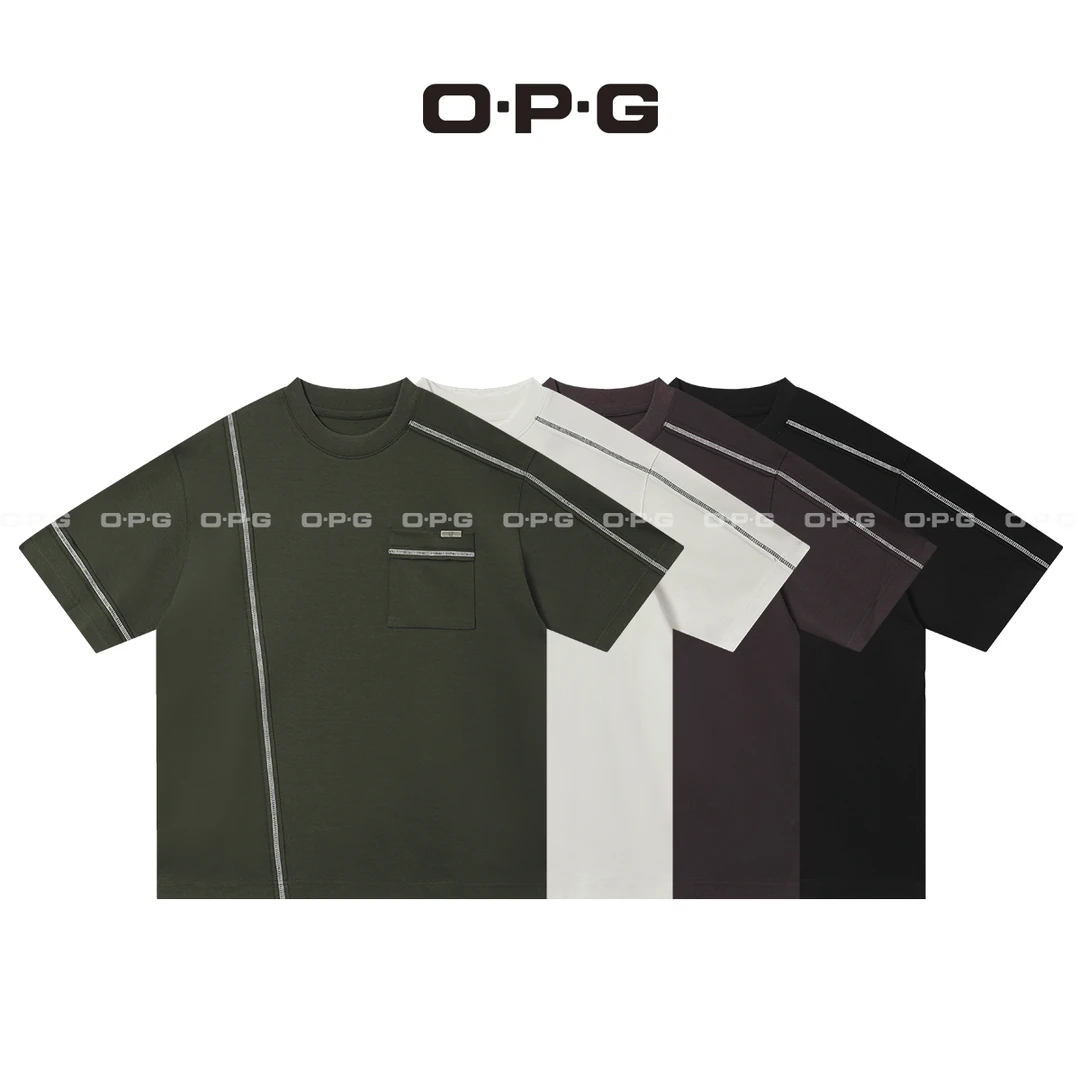 O.P.G【非对称结构设计拼接T恤】夏季新款情侣百搭宽松短袖68068