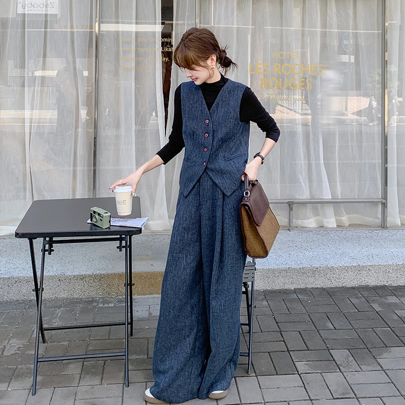 YIRAN/奕冉复古马甲阔腿裤套装女2025春秋新款轻奢韩系穿搭两件套