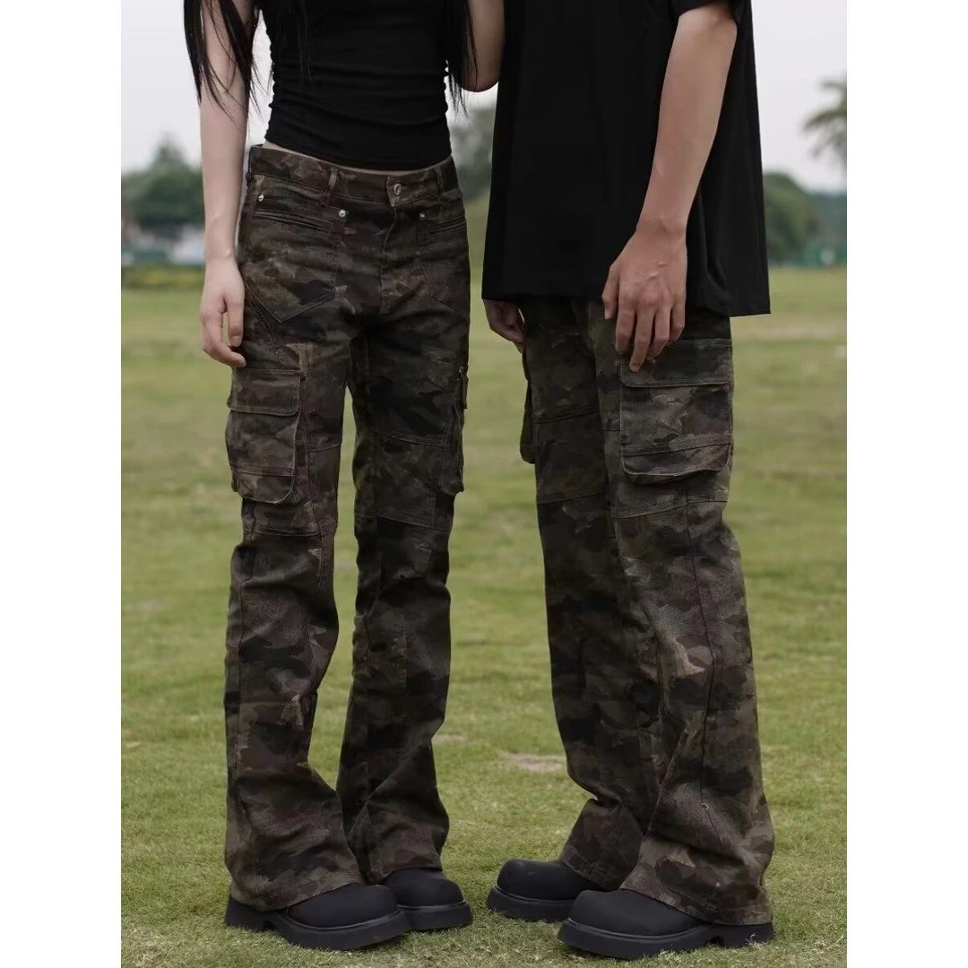 新款美式复古多口袋迷彩工装裤男女设计感褶皱显瘦直筒微喇叭裤子