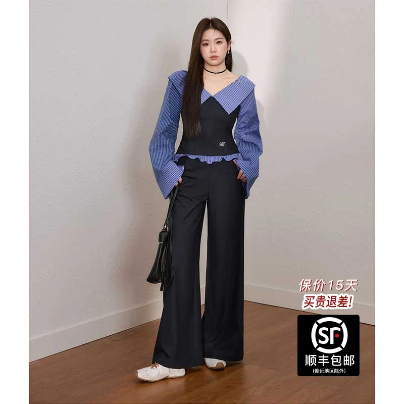 蓝语大码女装甜酷拼接衬衫上衣显瘦牛仔蓝阔腿裤秋冬季套装03561