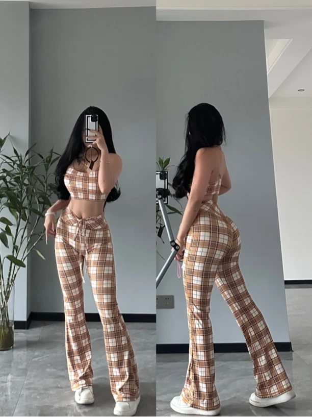 小蒋家-新款瑜伽印花格纹裹胸防震文胸抽绳高腰喇叭长裤两件套