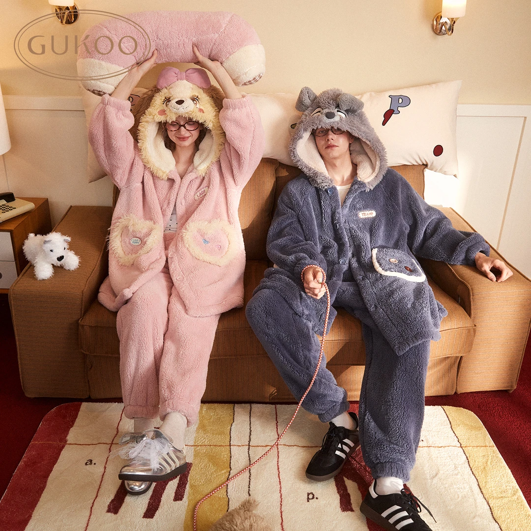 【Gukoo果壳】迪士尼联名冬季北极绒睡袍情侣连帽家居服套装加厚