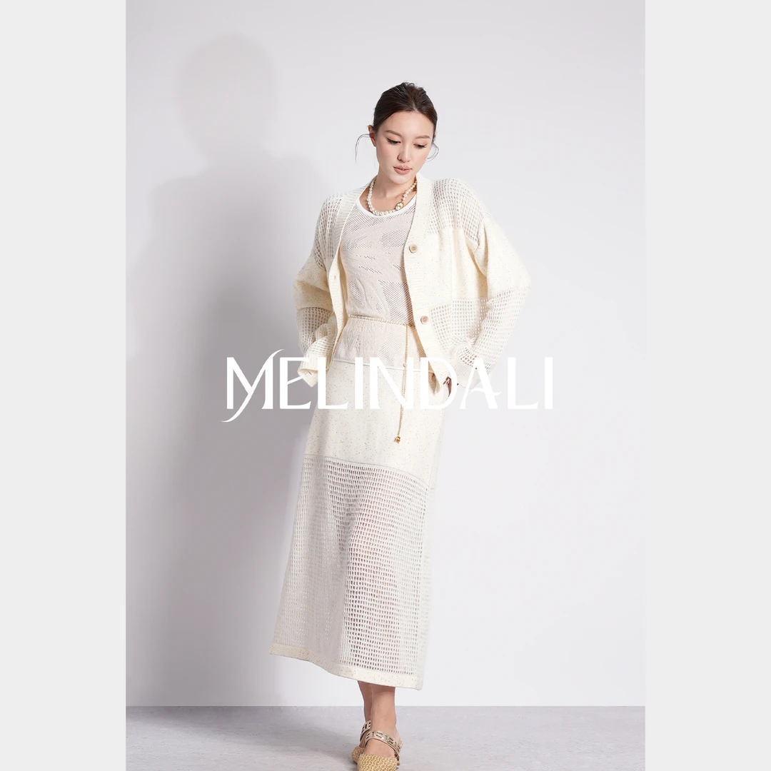 Melinda Li【不费力精致】私服绵羊毛混纺珠片纱V领针织开衫半裙