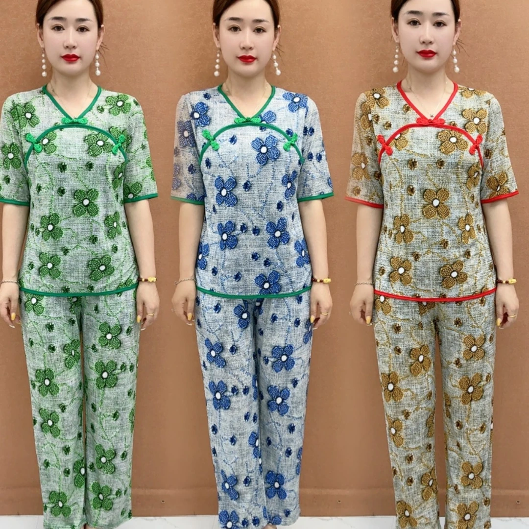 新款夏季套装气质洋气显瘦两件套时尚中年妈妈装宽松印花上衣2510