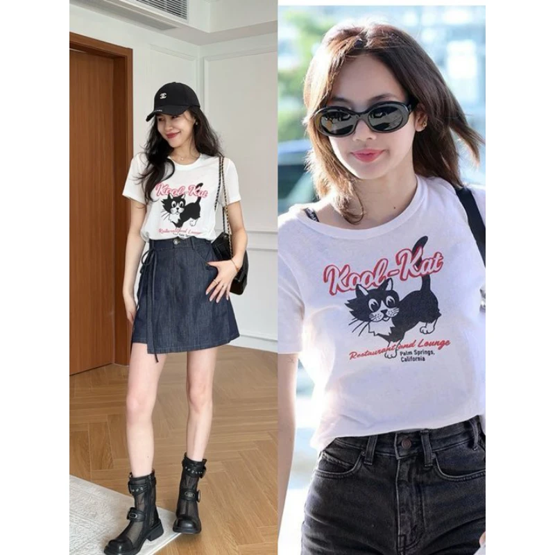 【现货48小时发】张阿星卡通印花元气正肩微透T+蝴蝶结A字遮肉裙裤