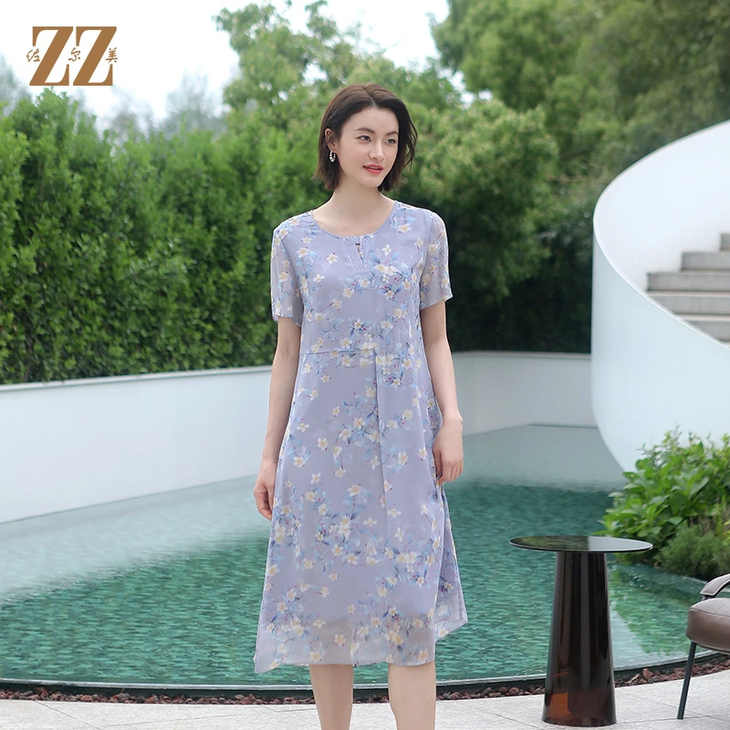 佐尔美夏季新款优雅气质花朵图案桑蚕丝蕾丝中长连衣裙女E32LS56