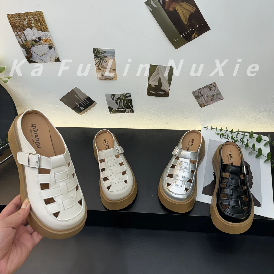 【卡芙琳shoes】包头半拖凉鞋女夏外穿一脚蹬镂空编织透气罗马鞋女