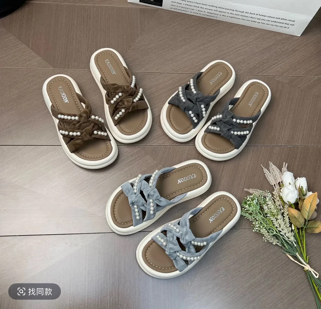 珍珠仙女风配裙子凉拖鞋女夏外穿2025新款时尚厚底增高沙滩一字拖