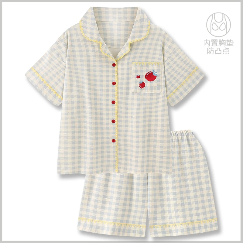 『海盐苹果』带胸垫凉感纯棉睡衣女款夏宽松短袖卡通格纹家居服套装