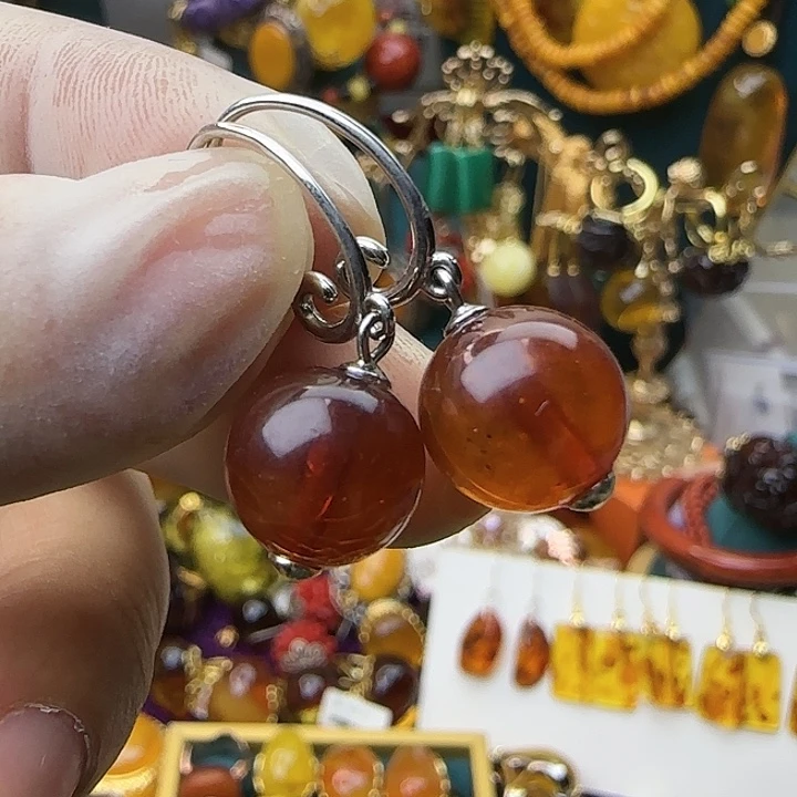 琥珀银S925镶嵌耳饰