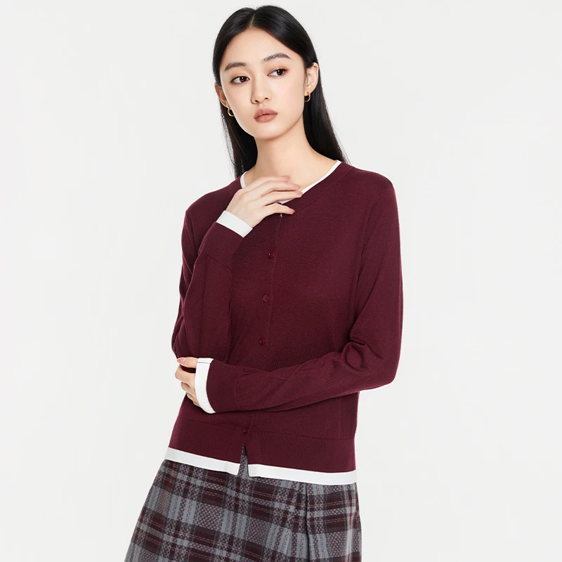 圆领打底衫女撞色假两件毛衣开衫小个子百搭针织衫上衣164K5422