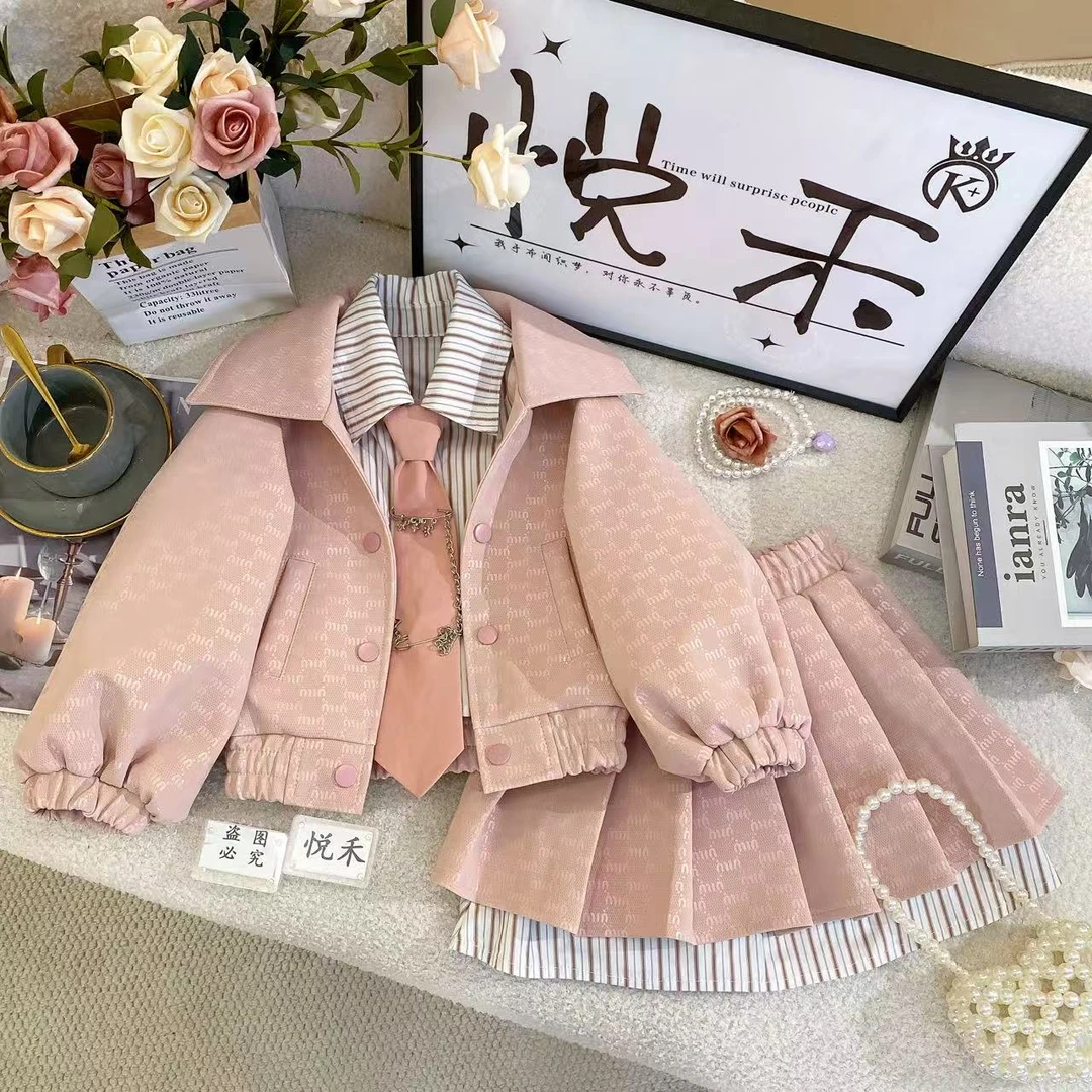 SH【悦禾】新款上新粉色皮衣拼接假俩件长袖儿童女宝时尚套装7639