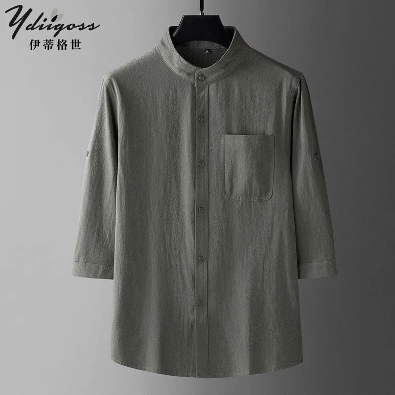YDIIGOSS棉质短袖衬衫男夏季薄款宽松透气立领上衣简约休闲打底衫