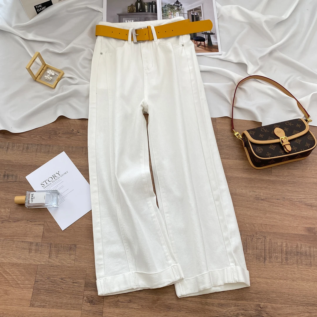 白色卷边阔腿牛仔裤女2025年秋季薄款小个子高腰显瘦宽松直筒裤子