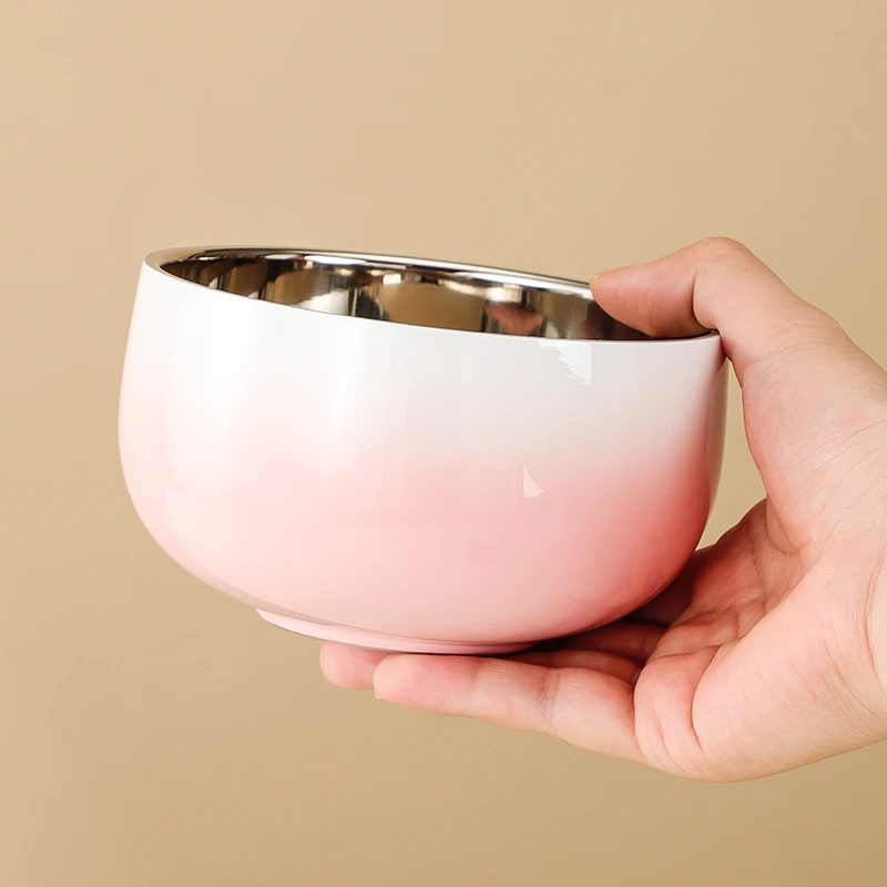 不锈钢碗个人专用饭碗304食品级防烫家用高颜值双层隔热渐变色碗