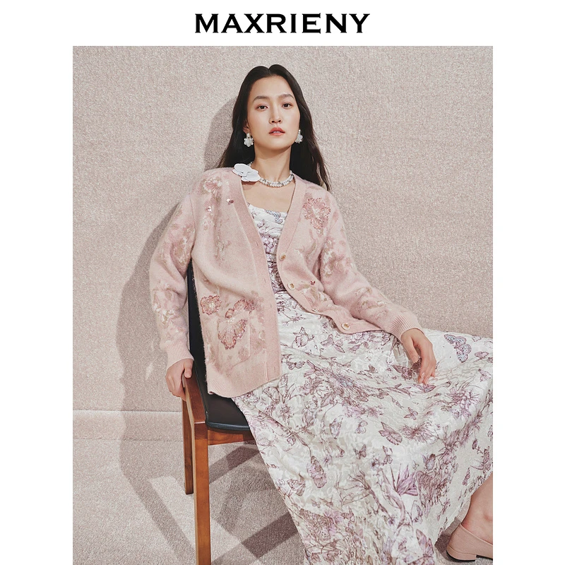 【林一专属】MAXRIENY浪漫感粉玫瑰印花毛衫外套