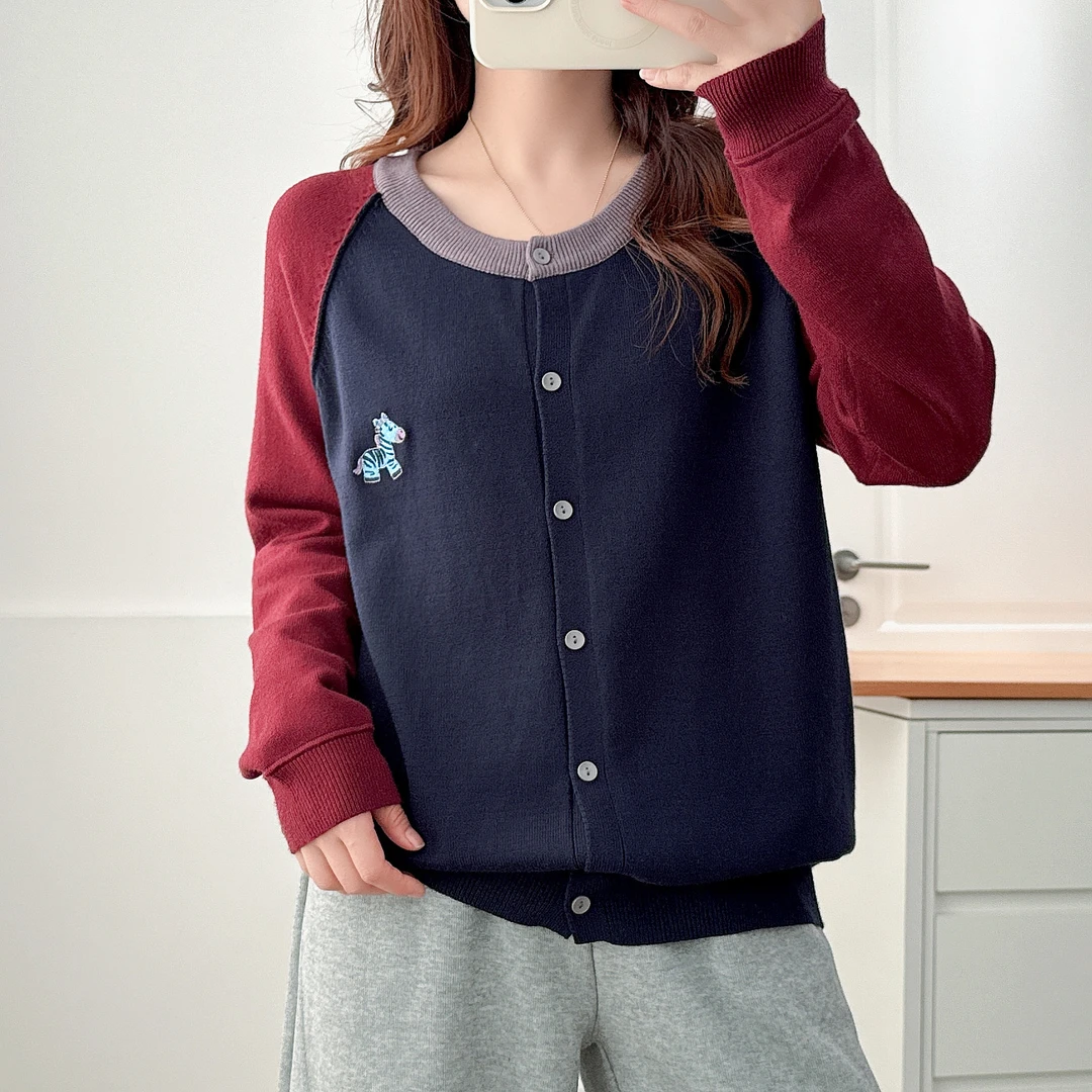 大码胖mm韩版学院风针织开衫女秋季新款拼色圆领打底毛衣宽松显瘦