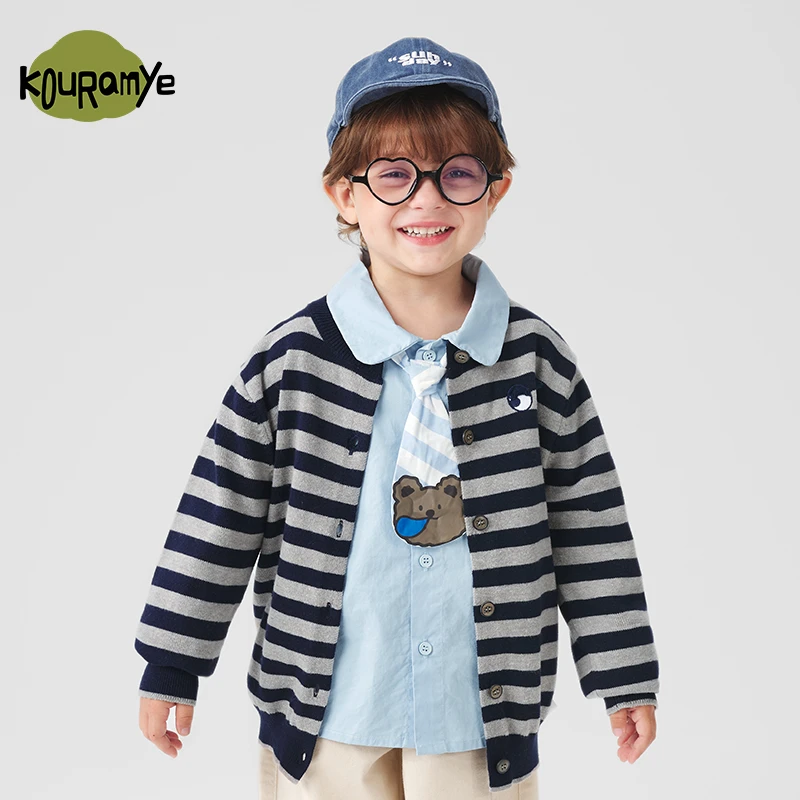 酷娃米2025秋季新款儿童毛衣中小男童百搭撞色条纹针织开衫4598