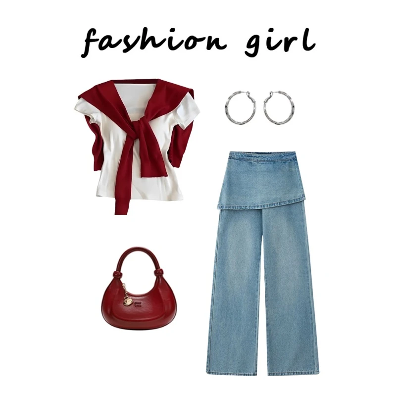 韩版独特超好看白色上衣牛仔裤套装夏日新款绝美穿搭两件套女装