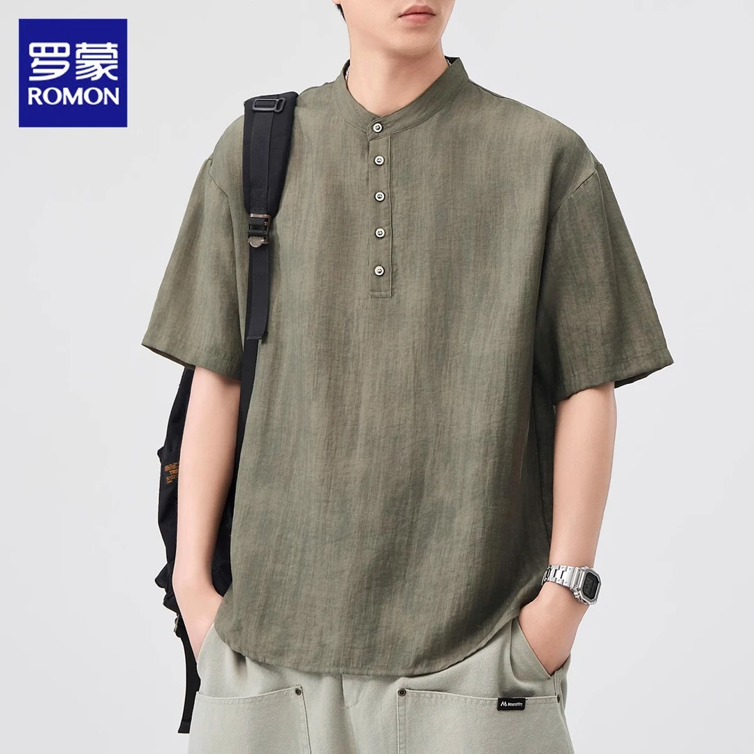 罗蒙新中式亚麻短袖t恤男士夏季薄款天丝透气亨利领半袖T上衣男装