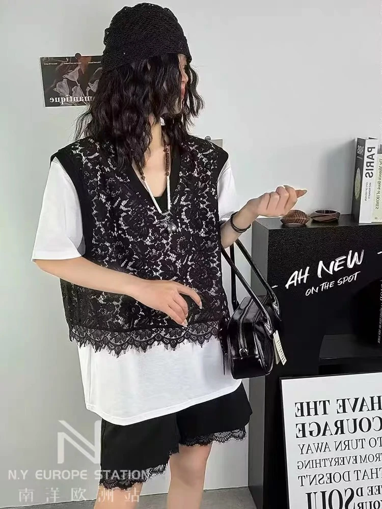 〖猫姐衣橱〗夏季新款天丝麻料拼羽毛蕾丝假两件半袖99880