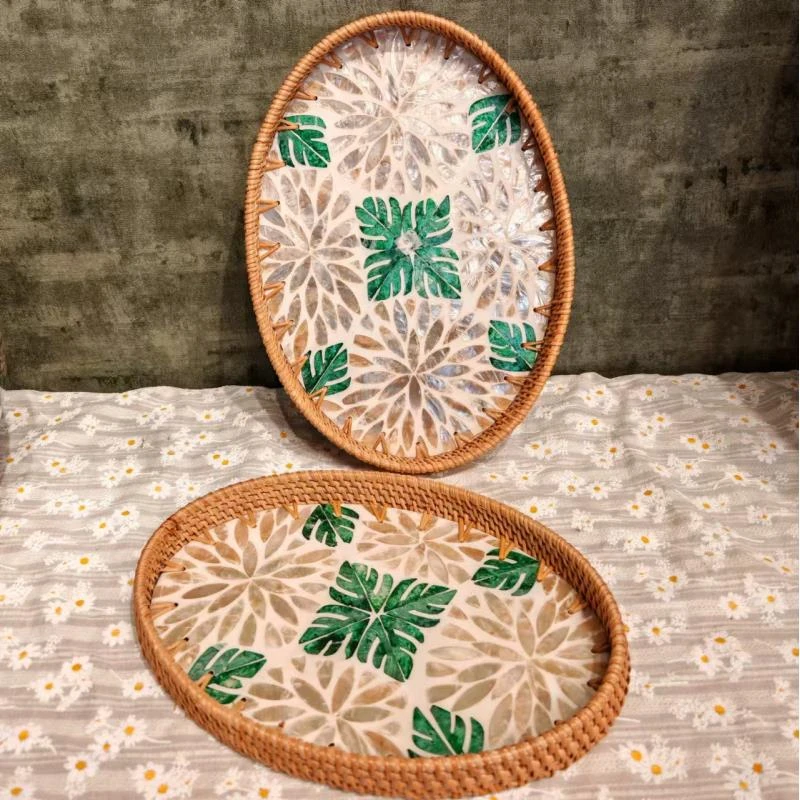 H越南真藤33*23*3椭圆龟背叶贝壳盘客厅桌面装饰水果零食盘子