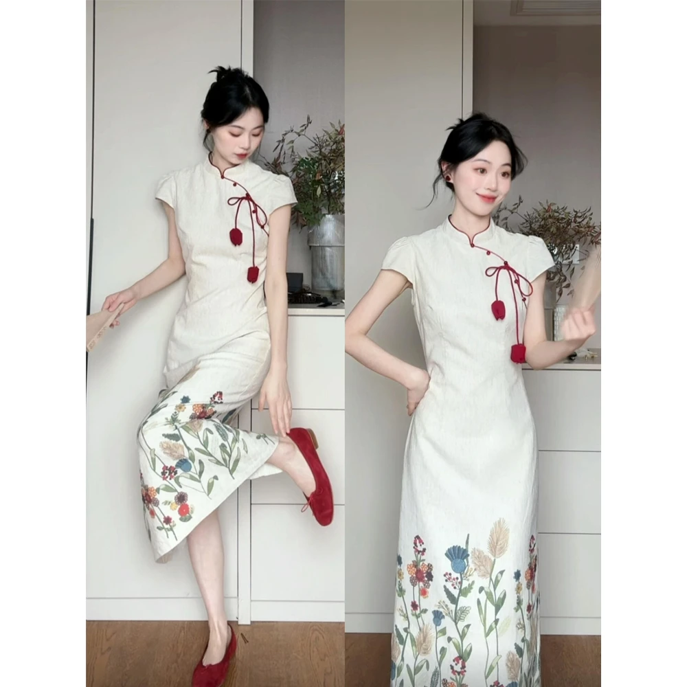 新中式气质减龄别致印花修身显瘦旗袍连衣裙女夏季新款国风长裙子