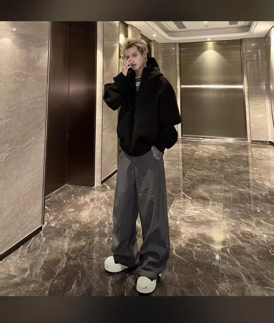 航子同款秋冬美式褶皱弯刀西裤男女同款垂感阔腿裤cleanfit休闲裤