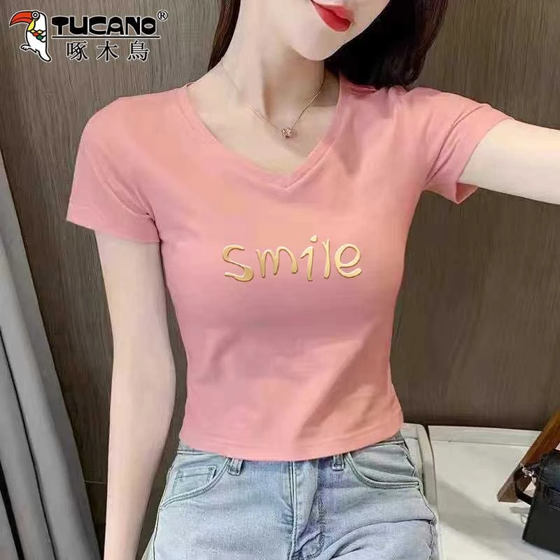啄木鸟韩版百搭v领短袖T恤2025夏季新款纯色时尚减龄印花上衣女潮