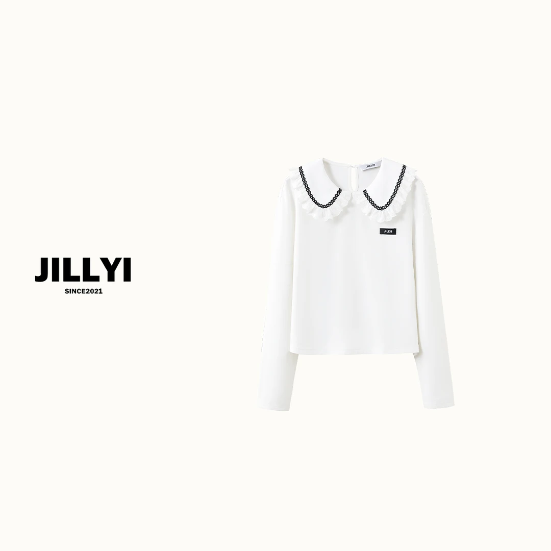 JILLYI南山店【暖白少女】白色蕾丝娃娃领拼接黑色条纹时尚百搭T恤