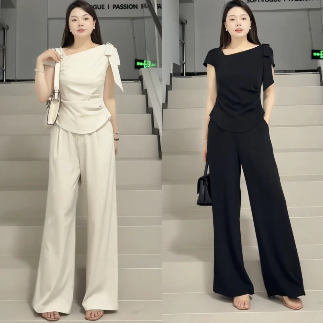 【荷包蛋】气质休闲简约风显瘦通勤短袖上衣＋裤子套装