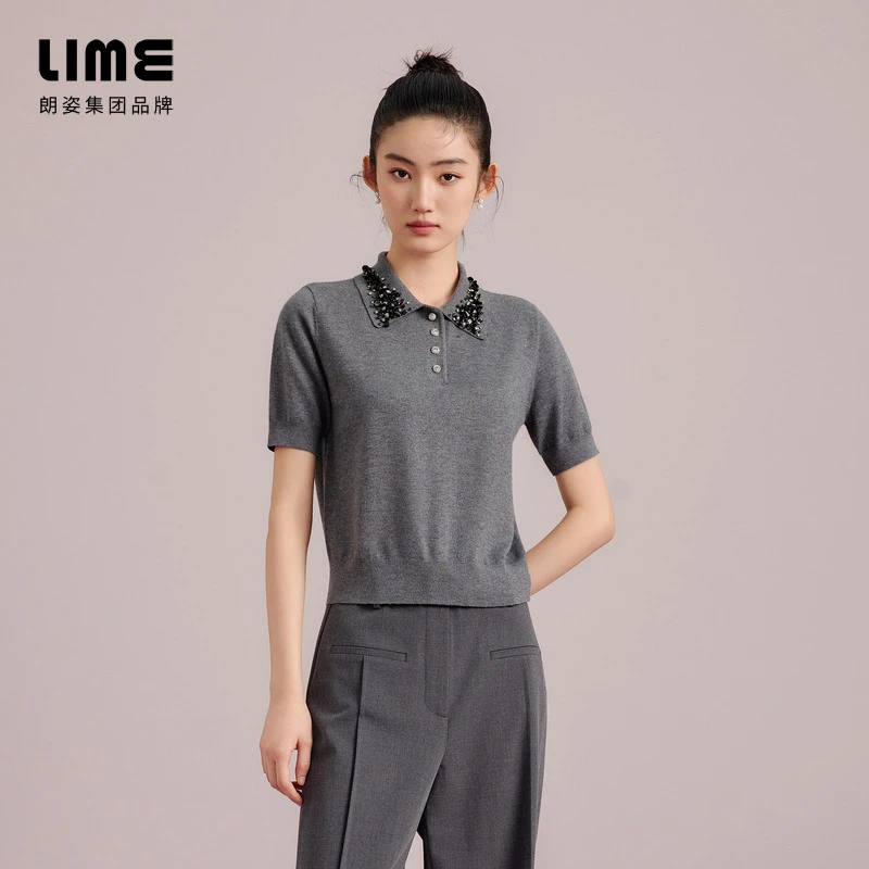 朗姿/莱茵【雅韵流光】早秋千金风钉钻针织套头衫双色LDGC6AKPR001