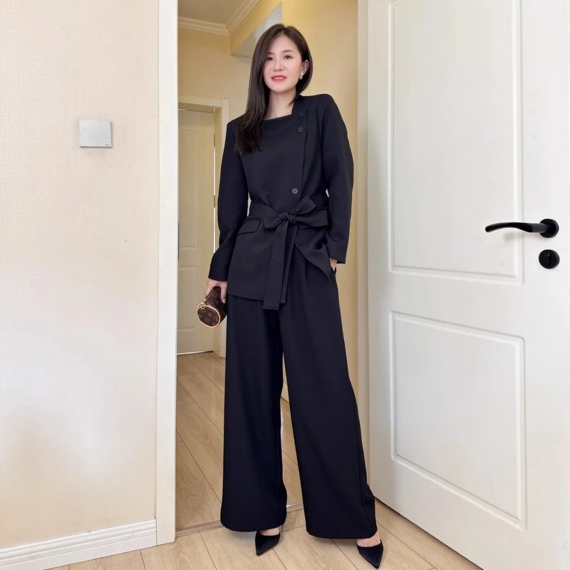 大码高级感西装套装女2025秋胖mm职业气质不规则西服阔腿裤两件套