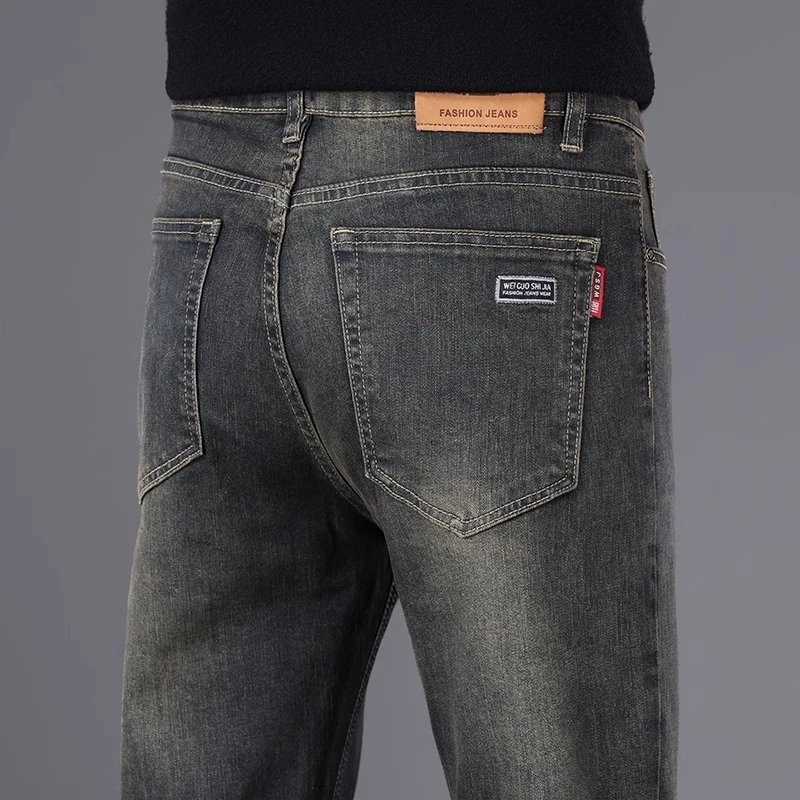Leekody香港高端水泥灰复古牛仔裤男夏季新款修身商务弹力长裤子