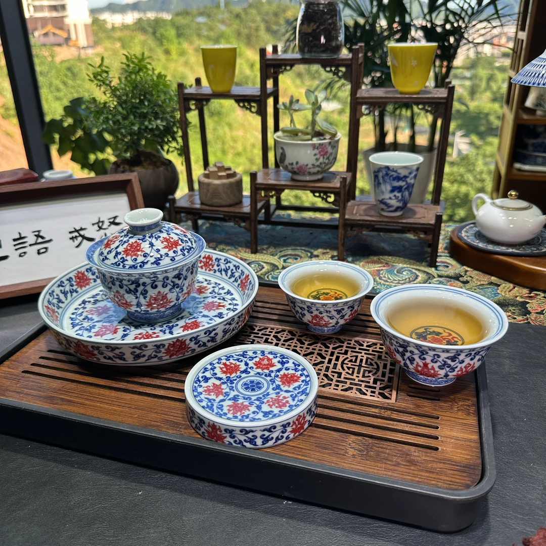 景德镇中式手工青花釉里红缠枝莲高端茶具
