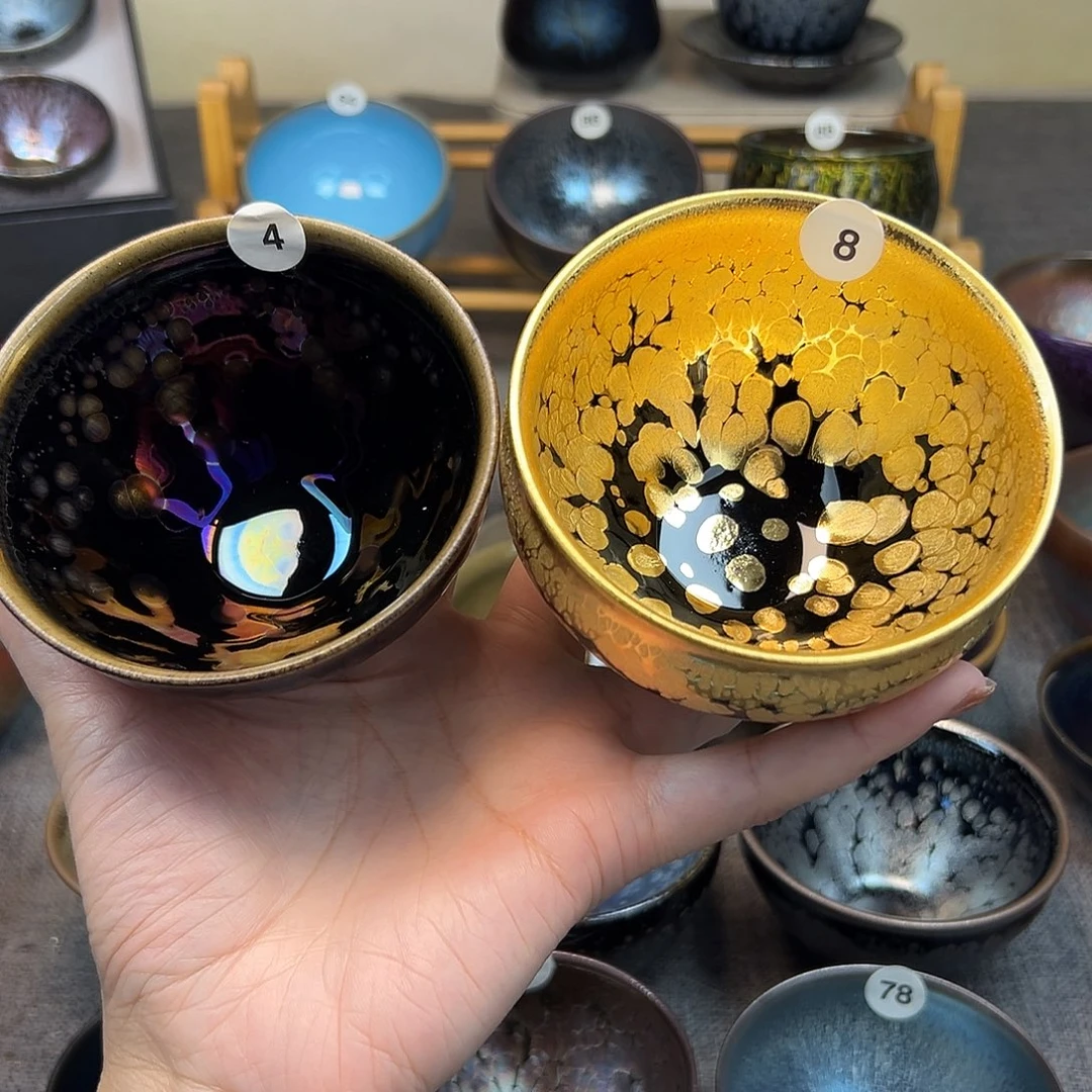 茶盏外*人金釉滴耀变手工