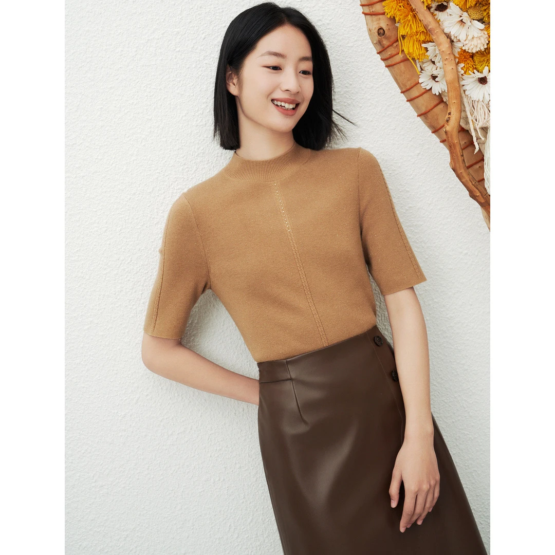 【众心专享价】含绵羊毛秋季简约纯色五分袖针织衫通勤百搭打底上衣