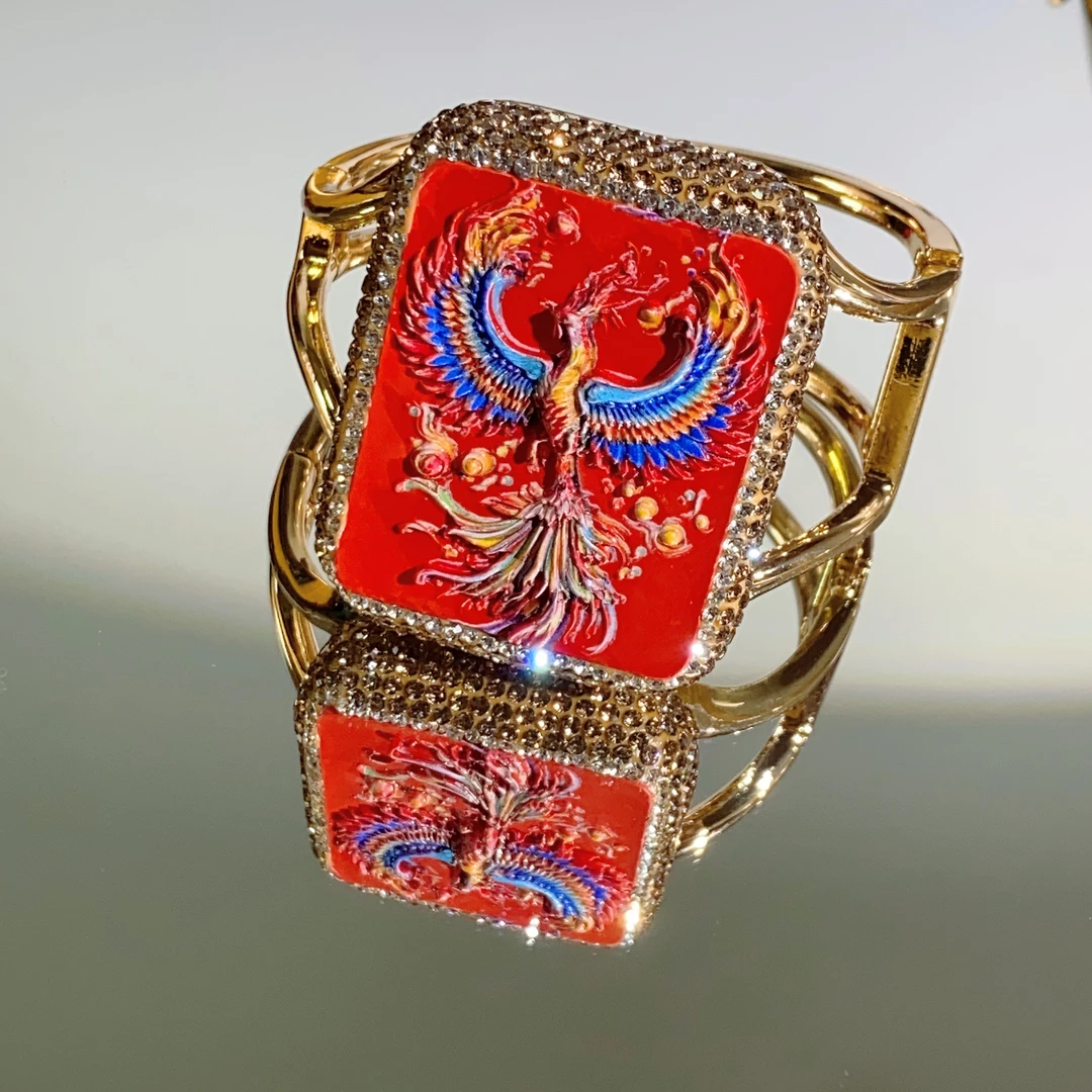 铜合金合成锆石手镯 TTSD 红色精雕凤凰于飞宽版民族手镯重工8248