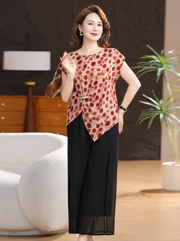 母亲节妈妈夏装套装短袖雪纺小衫时尚洋气中老年女装贵妇人两件套