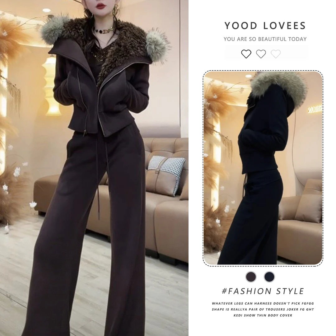 2025冬季新款加绒加厚毛毛大翻领拉链外套女高腰阔腿裤时尚套装潮
