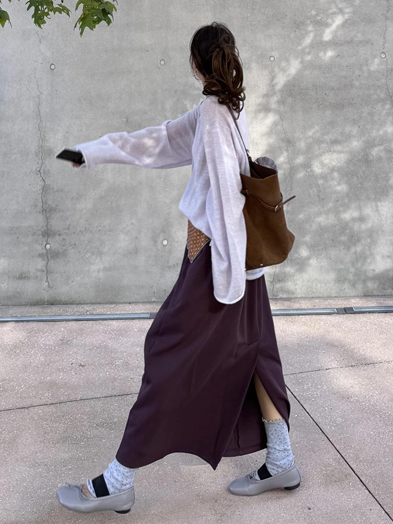 秋季流行穿搭一整套女2025新款减龄紫色针织衫T开叉半身裙两件套