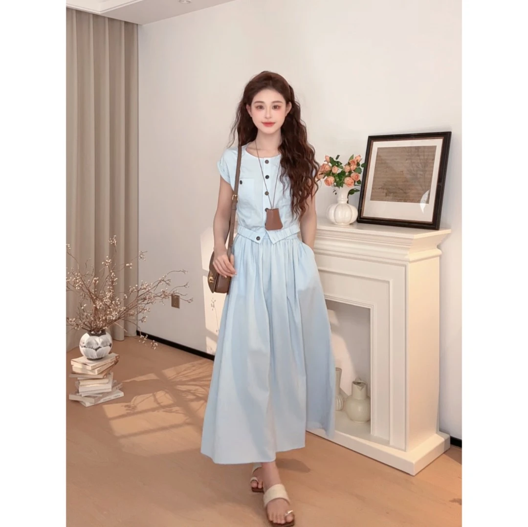 清凉漂亮连衣裙套装女今年流行爆款好看穿搭一整套半身长裙4827