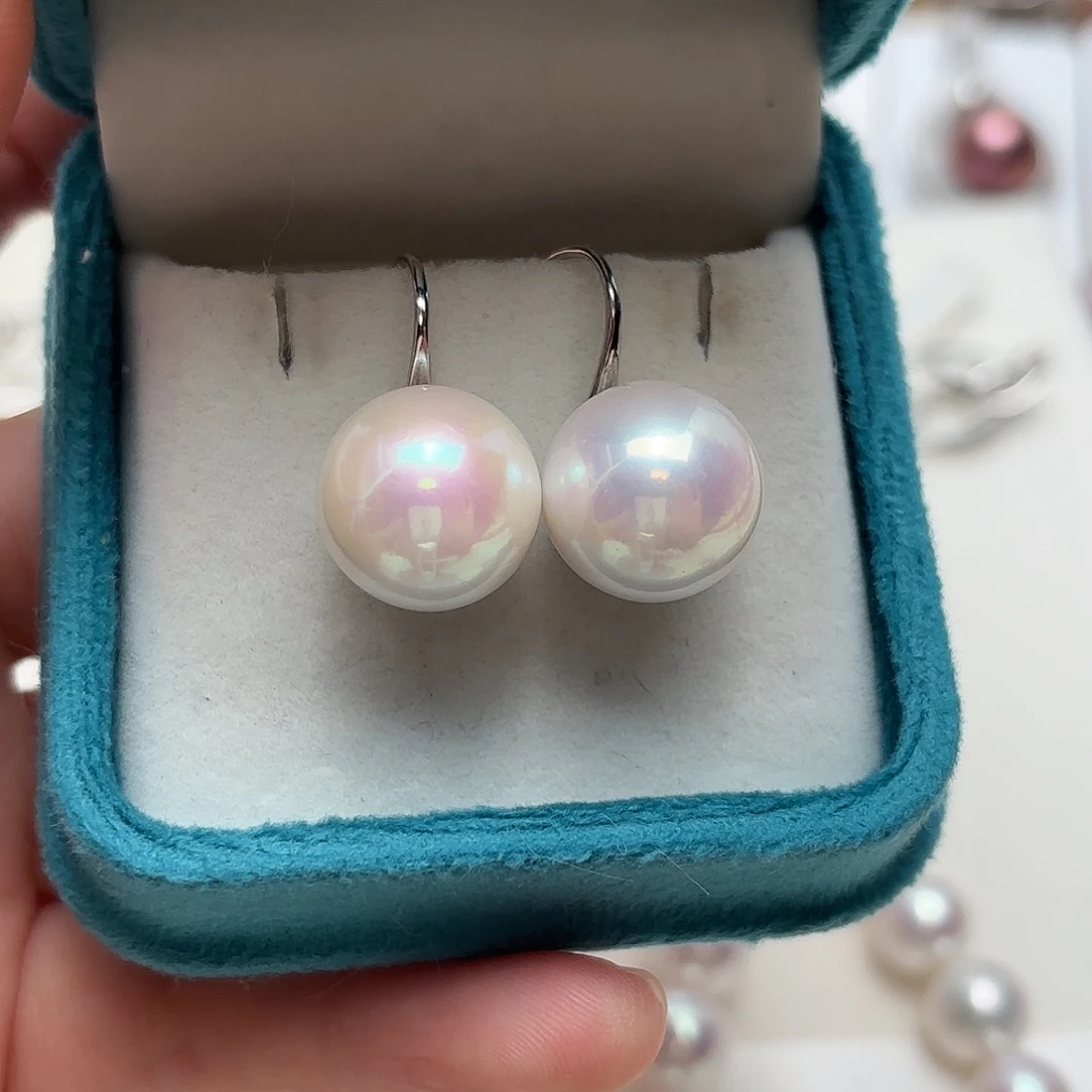淡水珍珠耳饰银S925镶嵌14-15正圆极光粉、有点ab色