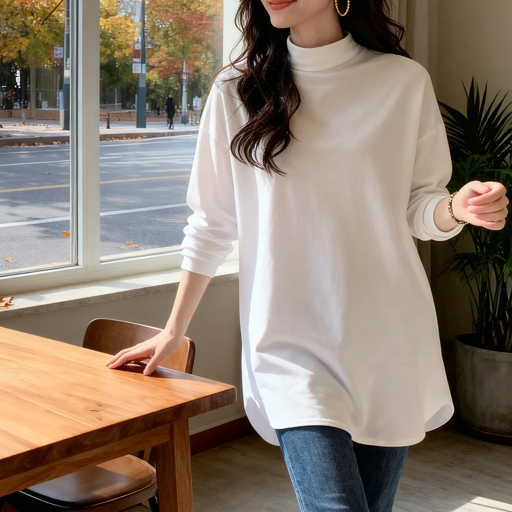 白色半高领双面磨毛德绒宽松简约设计打底衫秋冬新款加厚休闲T恤