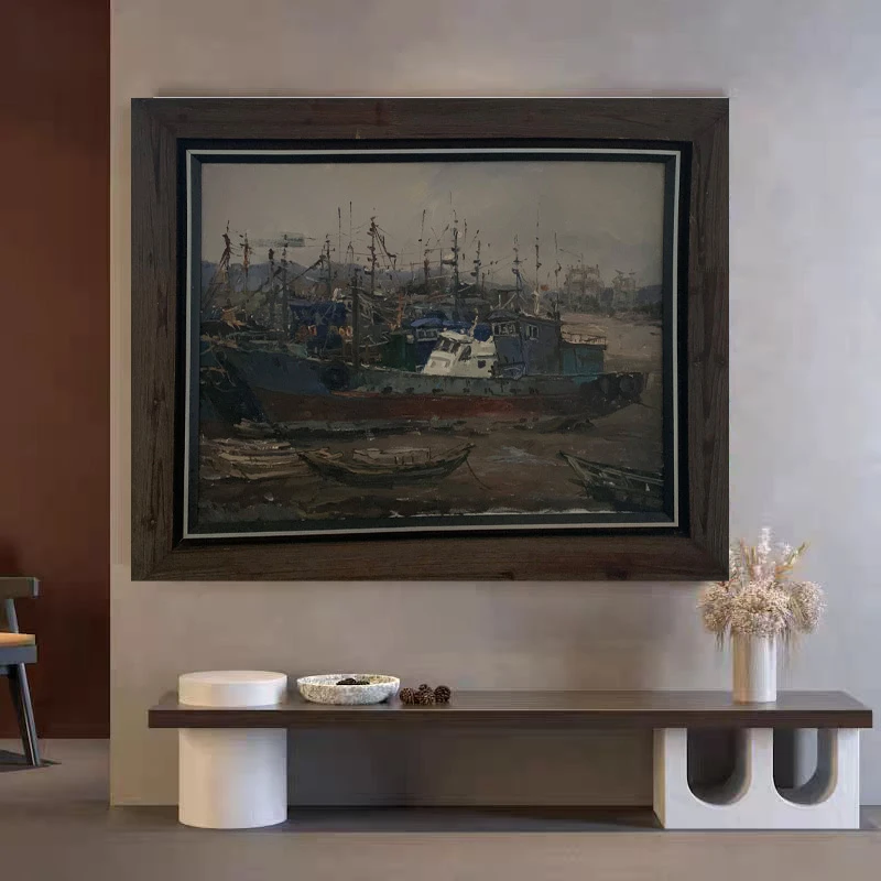 定金《渔港静泊》60*80含内框，刘春建手绘油画装饰画客厅背景墙挂画