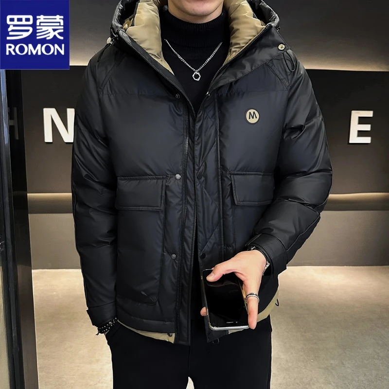 罗蒙冬季男士连帽羽绒服外套商务时尚百搭休闲加厚工装夹克上衣潮