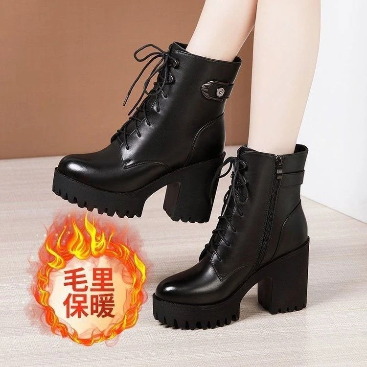清掉增高跟6公分马丁靴女秋冬新款加绒系带中筒靴防水台厚底短靴