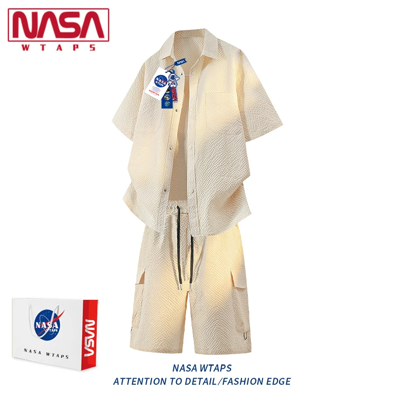 NASA WTAPS夏季新款男士大码套装薄款泡泡纱衬衫短裤高级感两件套