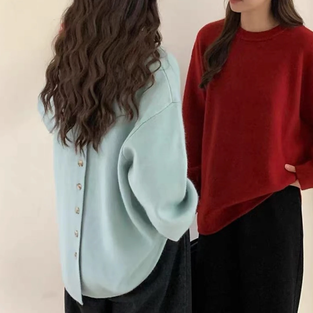 欣织遇原版设计感后背纽扣慵懒风中长款针织开衫女秋冬毛衣高级感