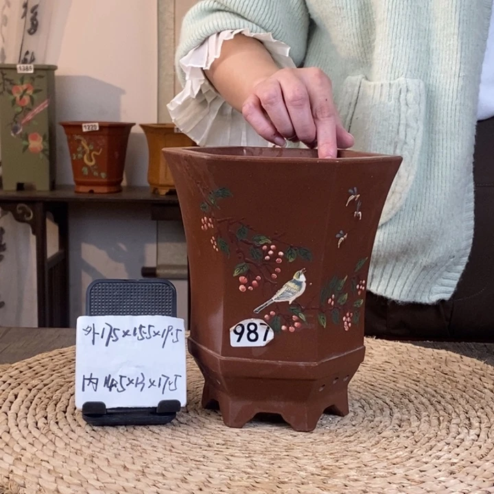 花盆紫砂    特惠紫泥彩绘樱桃六方987